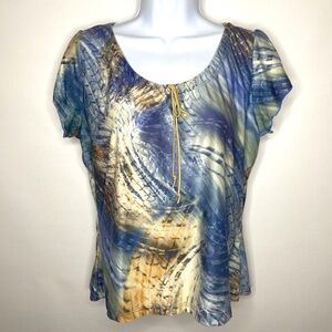 Vintage 90s/Y2K Rave Blue Beige Tie Dye Split Sleeve Blouse Shirt Top